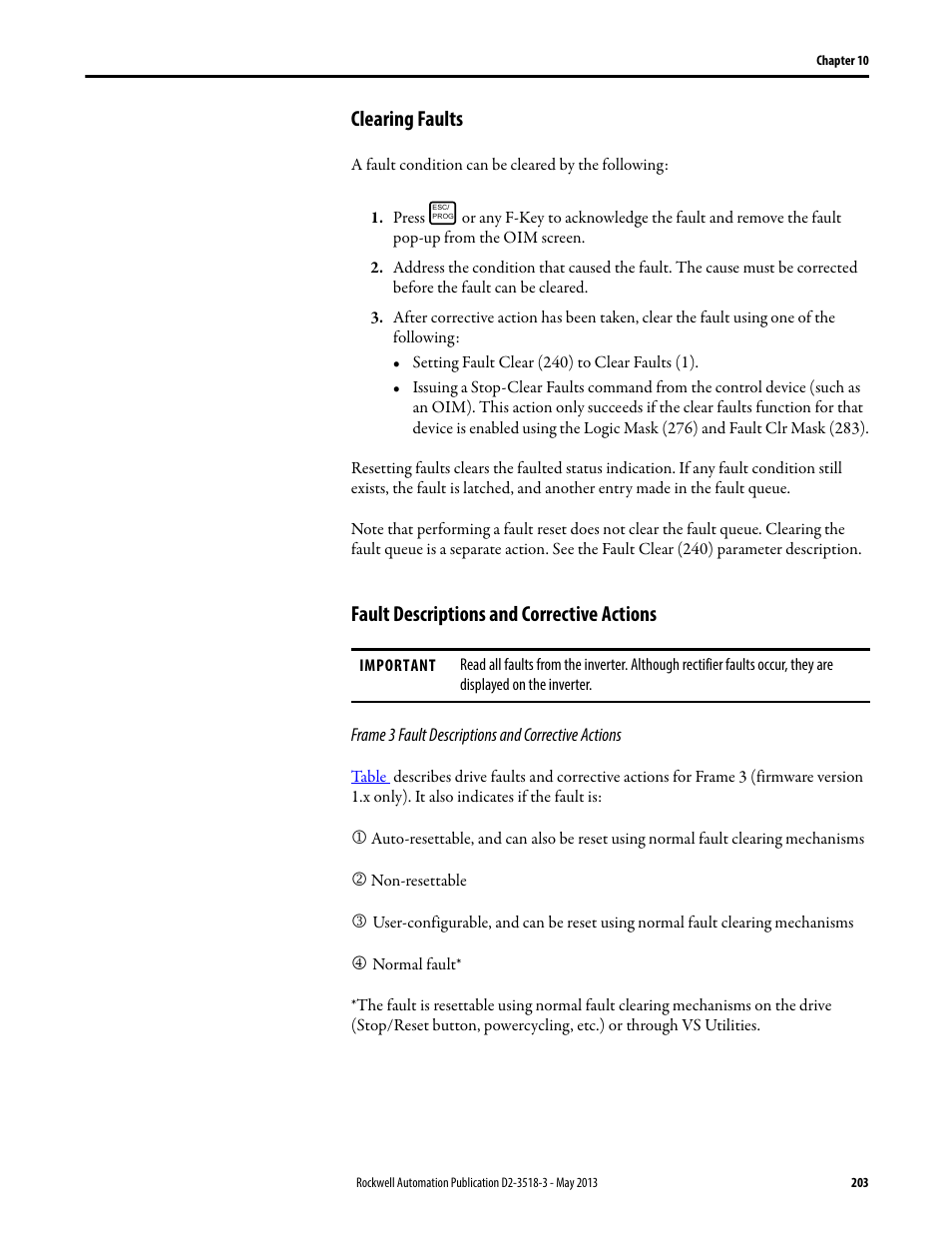 Clearing faults, Fault descriptions and corrective actions | Rockwell Automation Liqui-Flo V2.0 AC Drive User Manual | Page 203 / 272