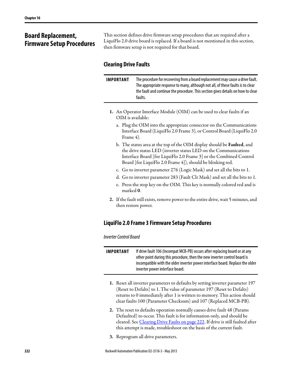 Board replacement, firmware setup procedures, Clearing drive faults, Liquiflo 2.0 frame 3 firmware setup procedures | Rockwell Automation Liqui-Flo V2.0 AC Drive User Manual | Page 222 / 272