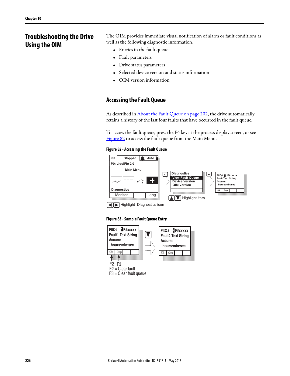 Troubleshooting the drive using the oim, Accessing the fault queue | Rockwell Automation Liqui-Flo V2.0 AC Drive User Manual | Page 226 / 272