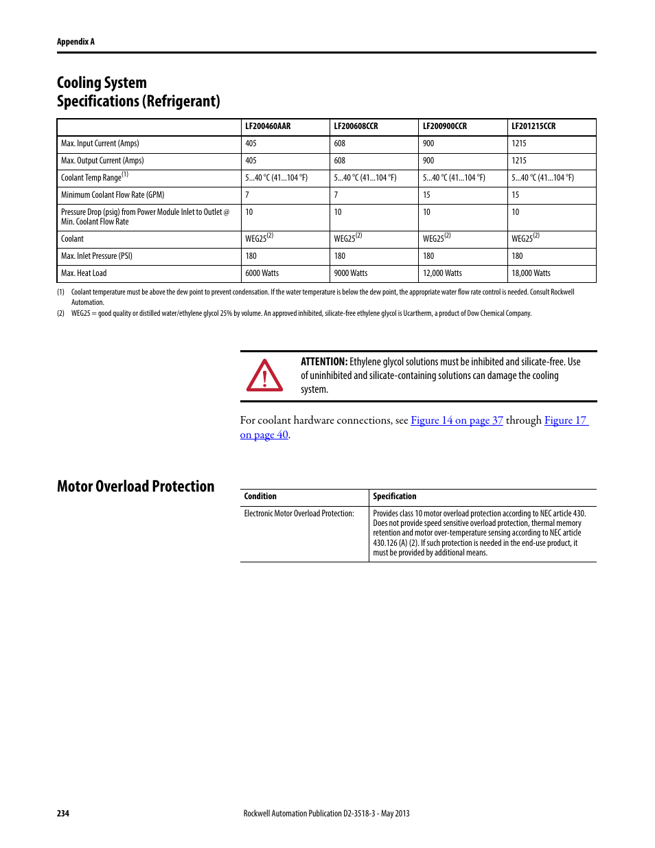 Cooling system specifications (refrigerant), Motor overload protection | Rockwell Automation Liqui-Flo V2.0 AC Drive User Manual | Page 234 / 272