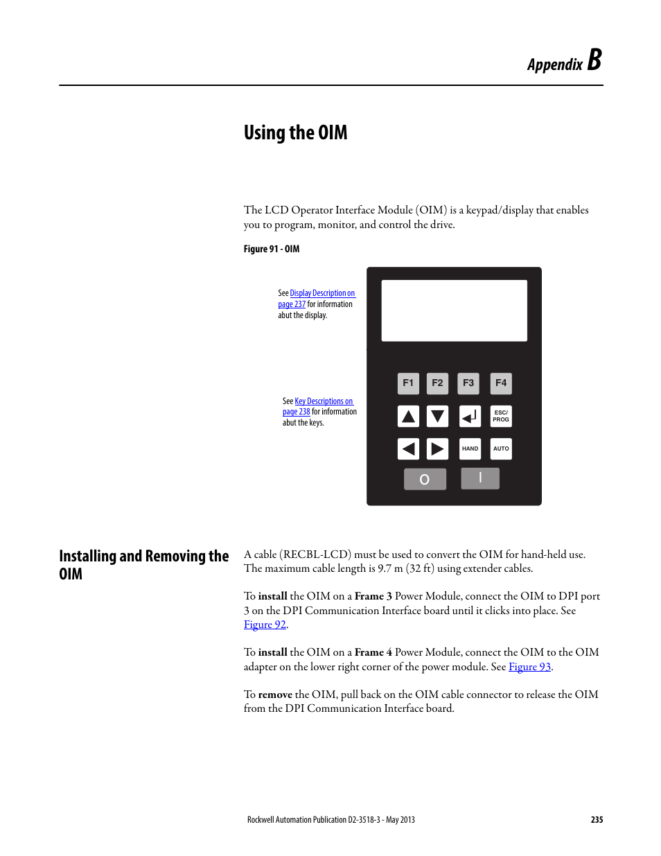 Using the oim, Installing and removing the oim, Appendix b | Using the oim on, Appendix | Rockwell Automation Liqui-Flo V2.0 AC Drive User Manual | Page 235 / 272