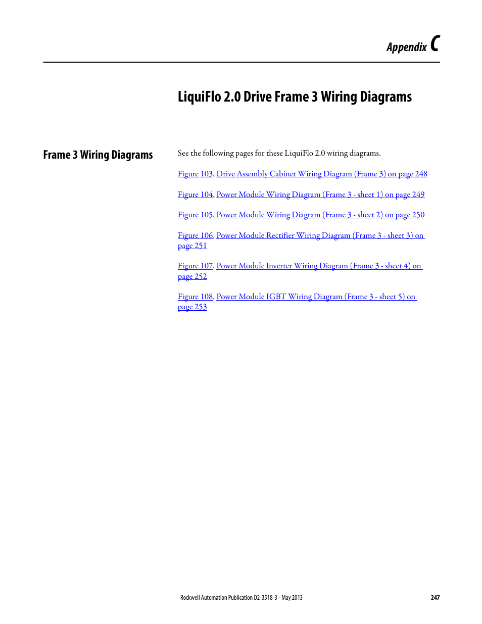 Liquiflo 2.0 drive frame 3 wiring diagrams, Frame 3 wiring diagrams, Appendix c | Appendix | Rockwell Automation Liqui-Flo V2.0 AC Drive User Manual | Page 247 / 272