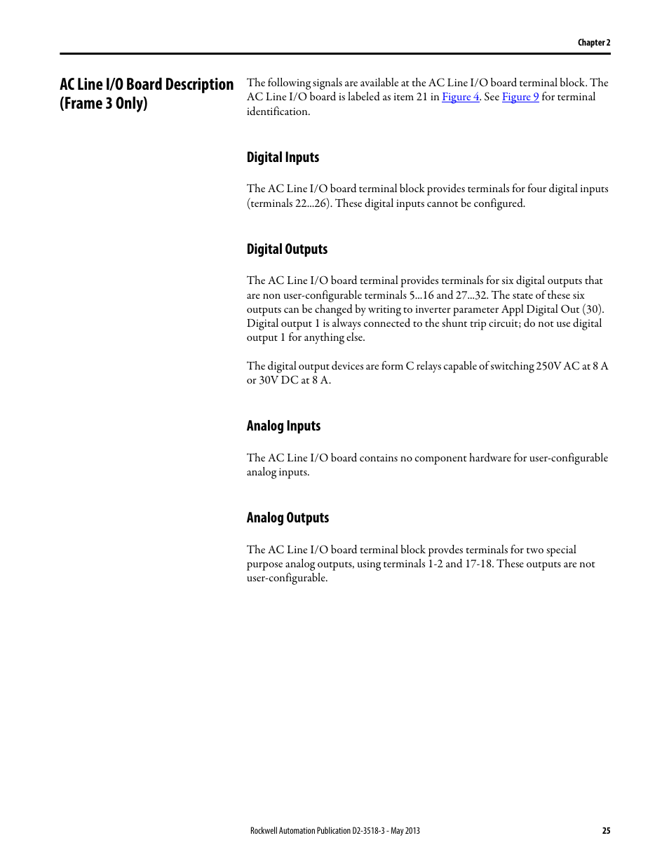 Ac line i/o board description (frame 3 only), Digital inputs, Digital outputs | Analog inputs, Analog outputs | Rockwell Automation Liqui-Flo V2.0 AC Drive User Manual | Page 25 / 272