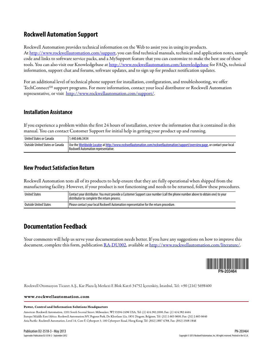 Back cover, Rockwell automation support, Documentation feedback | Installation assistance, New product satisfaction return | Rockwell Automation Liqui-Flo V2.0 AC Drive User Manual | Page 272 / 272