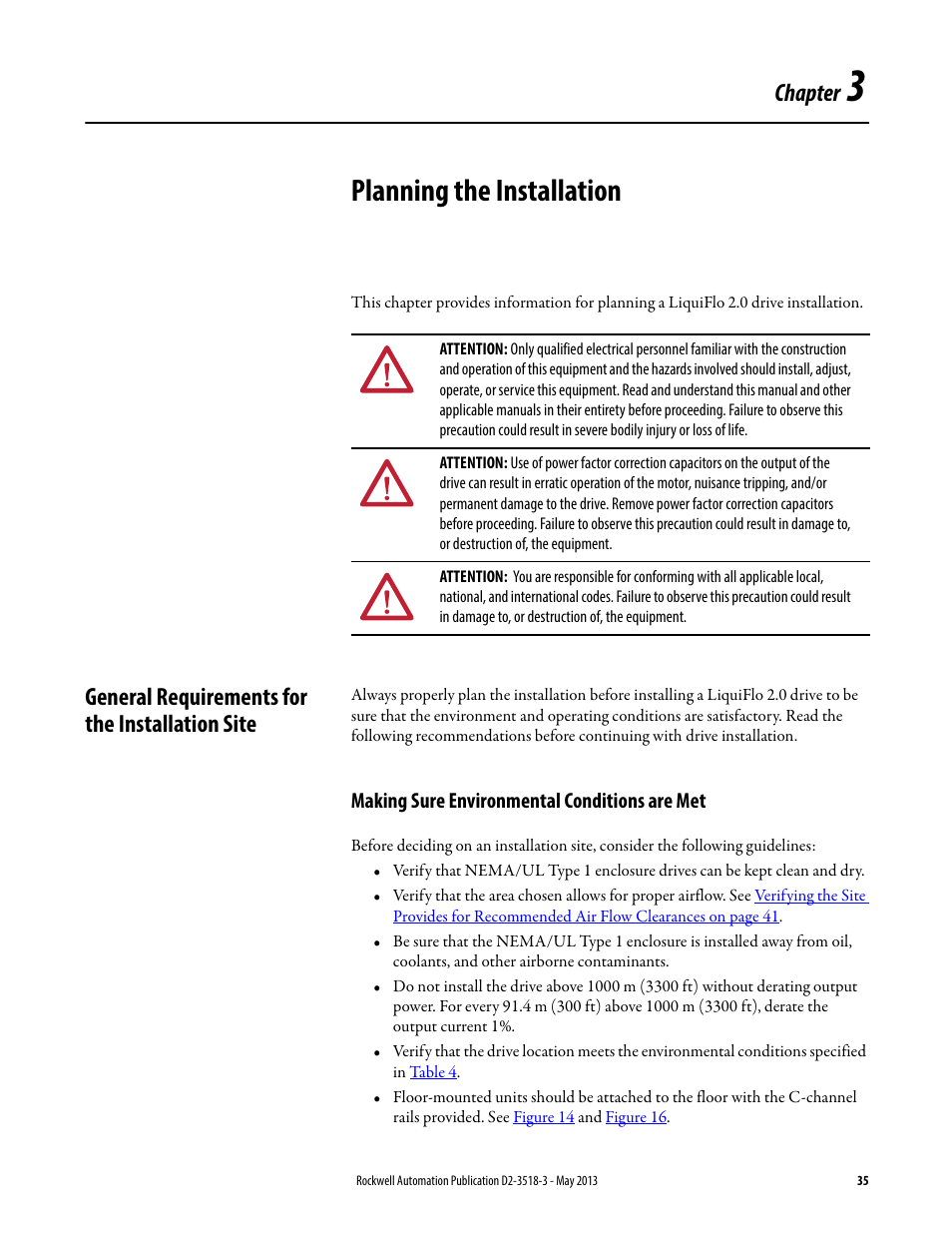 Planning the installation, General requirements for the installation site, Making sure environmental conditions are met | Chapter 3, Chapter | Rockwell Automation Liqui-Flo V2.0 AC Drive User Manual | Page 35 / 272