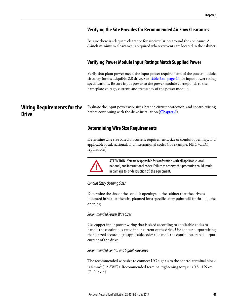 Wiring requirements for the drive, Determining wire size requirements, Verifying the site | Rockwell Automation Liqui-Flo V2.0 AC Drive User Manual | Page 41 / 272