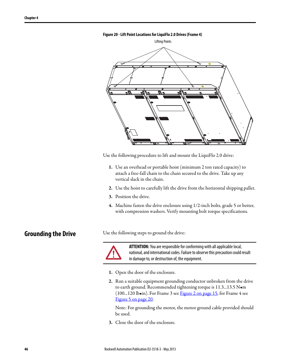 Grounding the drive | Rockwell Automation Liqui-Flo V2.0 AC Drive User Manual | Page 46 / 272
