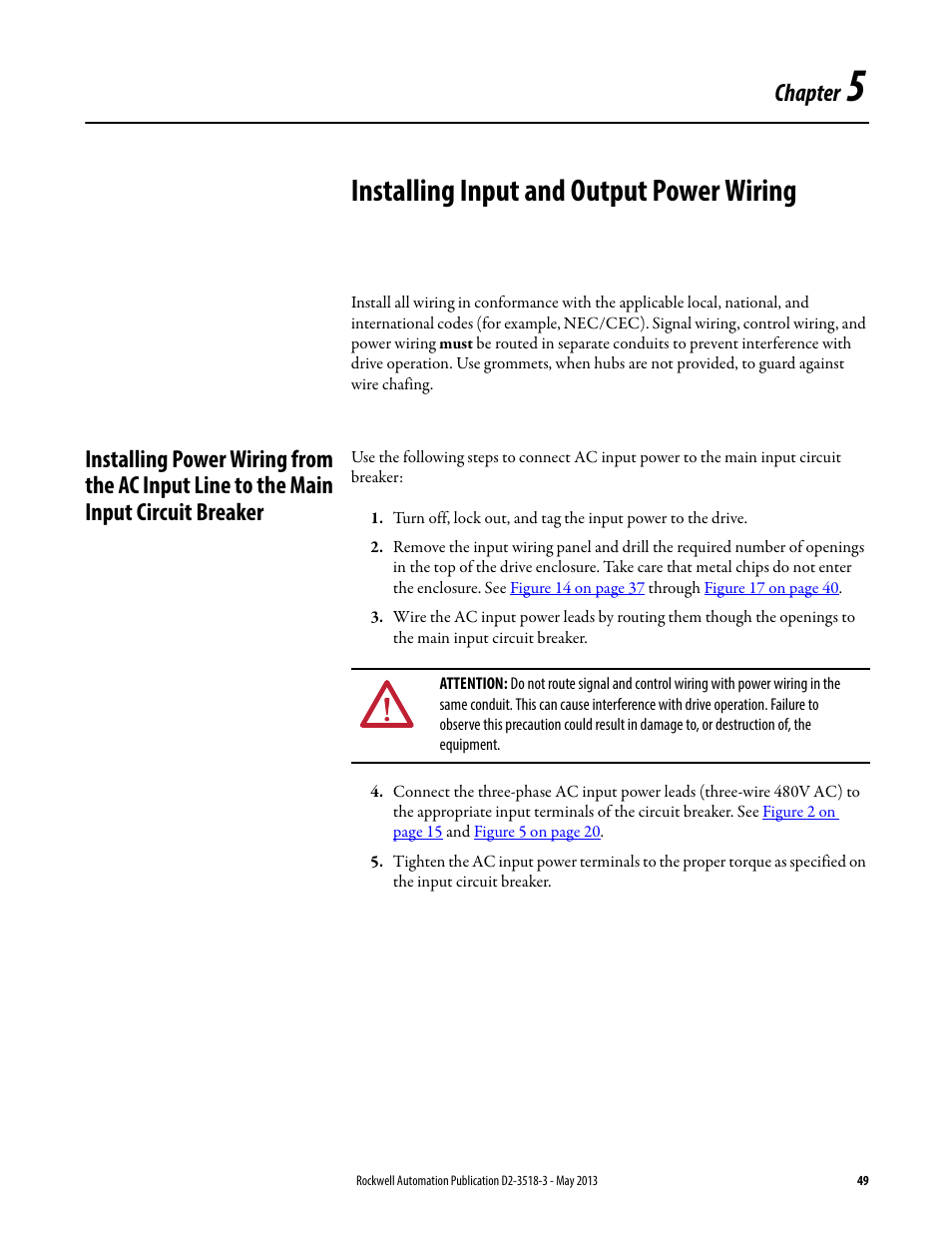 Installing input and output power wiring, Chapter 5, Chapter | Rockwell Automation Liqui-Flo V2.0 AC Drive User Manual | Page 49 / 272