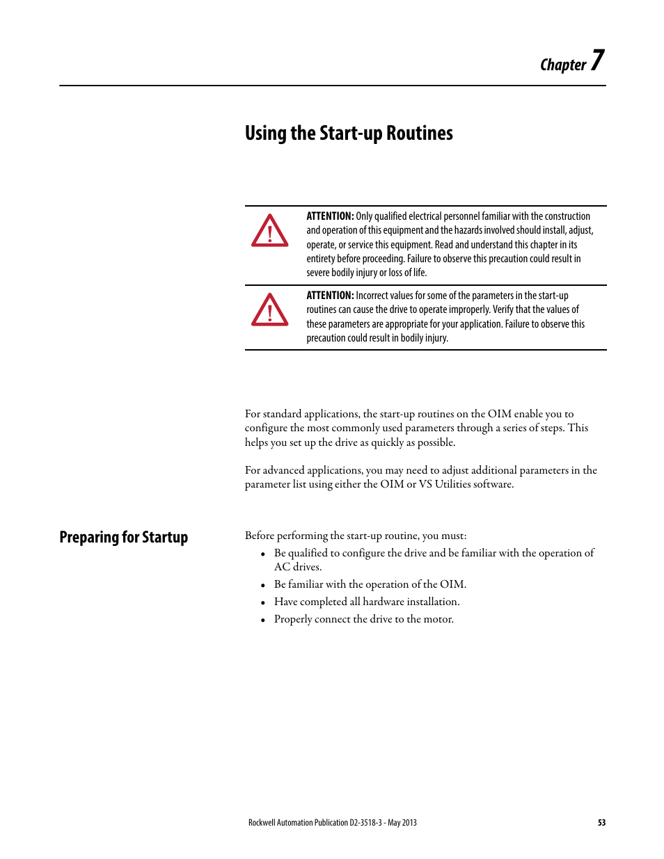 Using the start-up routines, Preparing for startup, Chapter 7 | Chapter | Rockwell Automation Liqui-Flo V2.0 AC Drive User Manual | Page 53 / 272