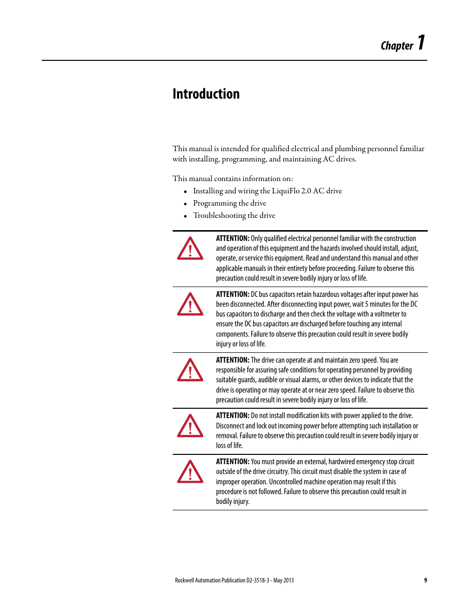 Introduction, Chapter 1, Chapter | Rockwell Automation Liqui-Flo V2.0 AC Drive User Manual | Page 9 / 272