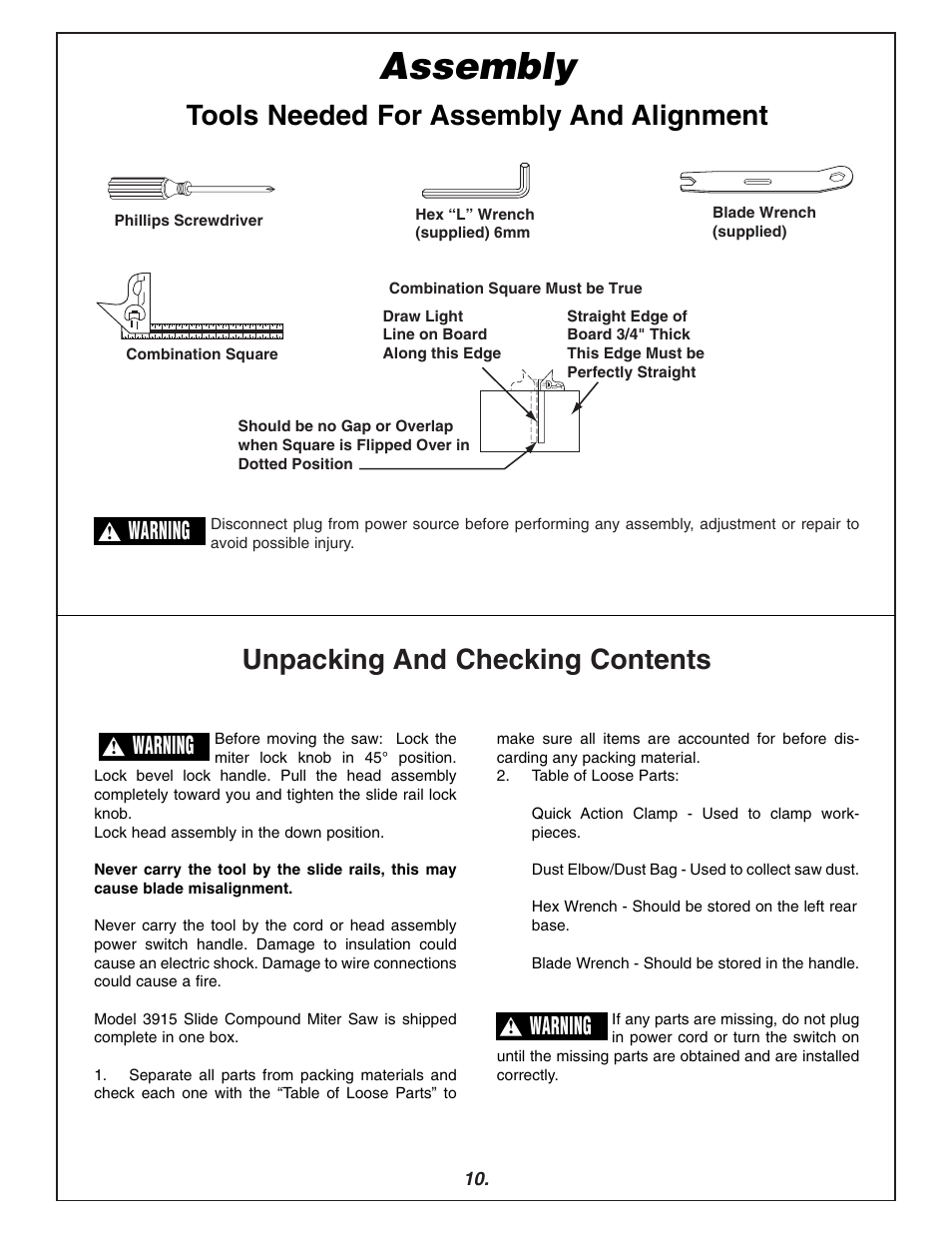 Assembly, Unpacking and checking contents, Tools needed for assembly and alignment | Warning | Bosch 3915 User Manual | Page 10 / 104