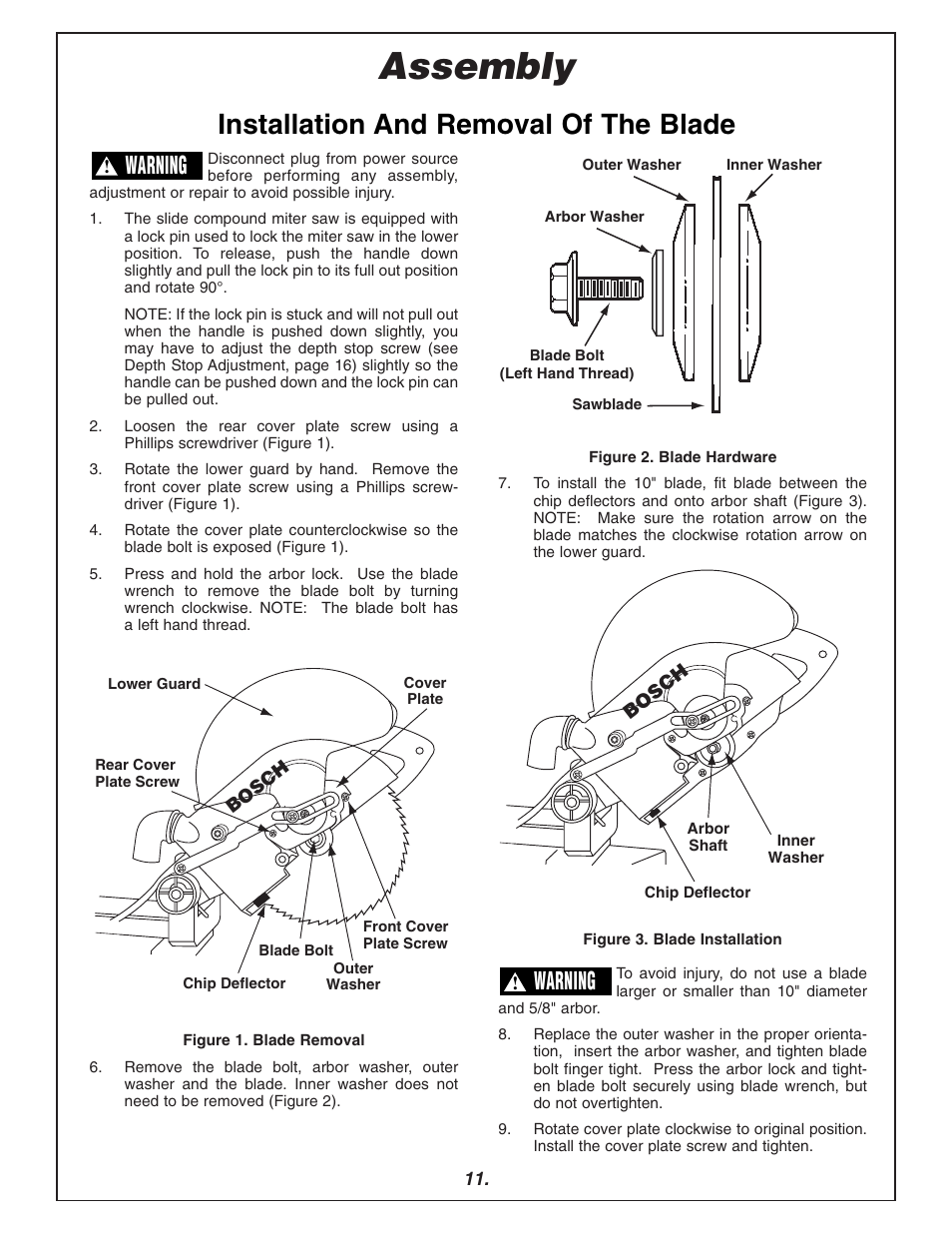Assembly, Installation and removal of the blade, Warning | Bosch 3915 User Manual | Page 11 / 104