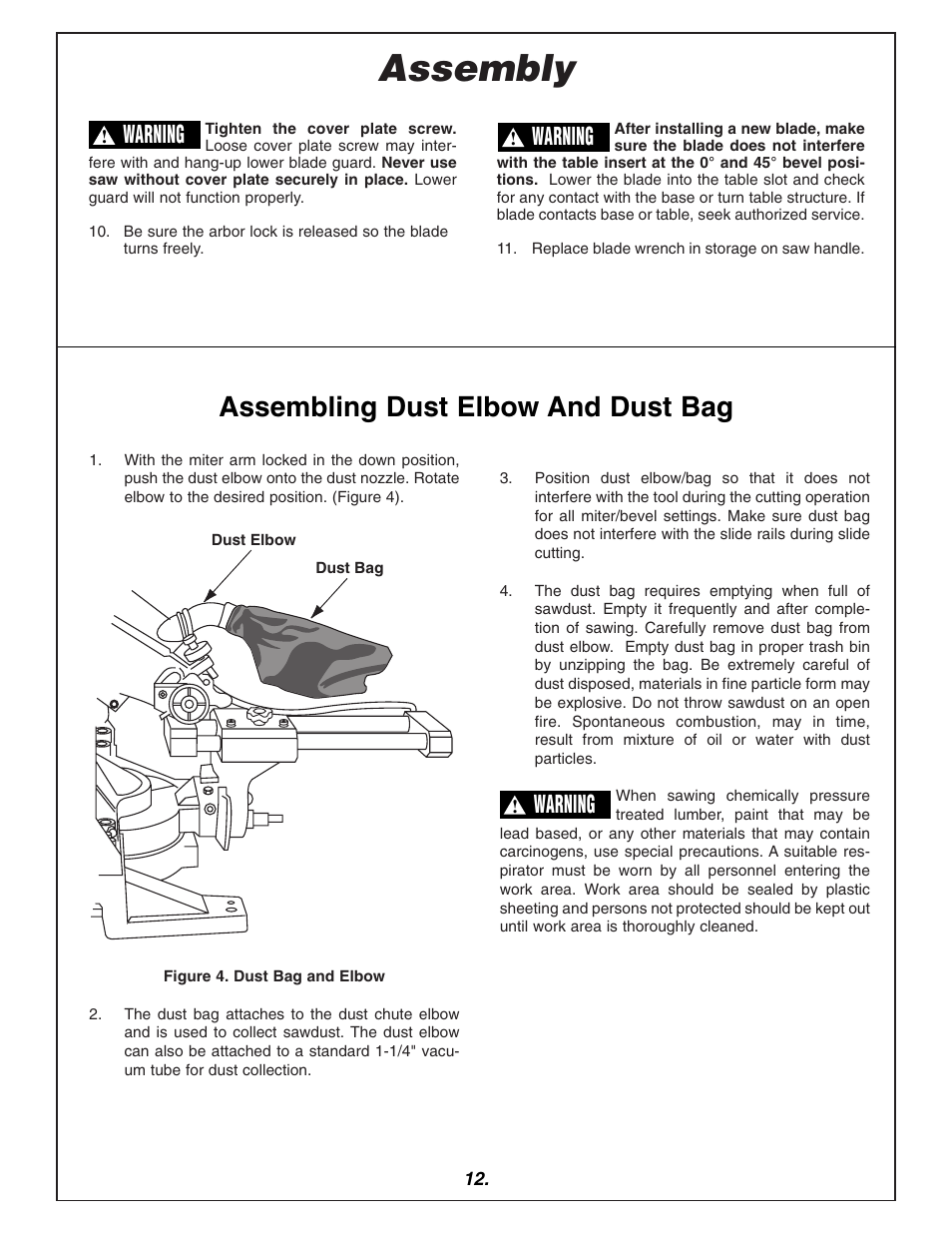 Assembly, Assembling dust elbow and dust bag, Warning | Bosch 3915 User Manual | Page 12 / 104
