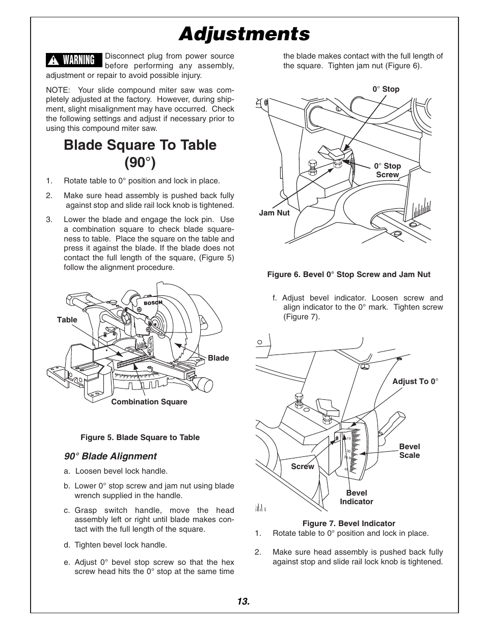 Adjustments, Blade square to table (90°), Warning | Bosch 3915 User Manual | Page 13 / 104