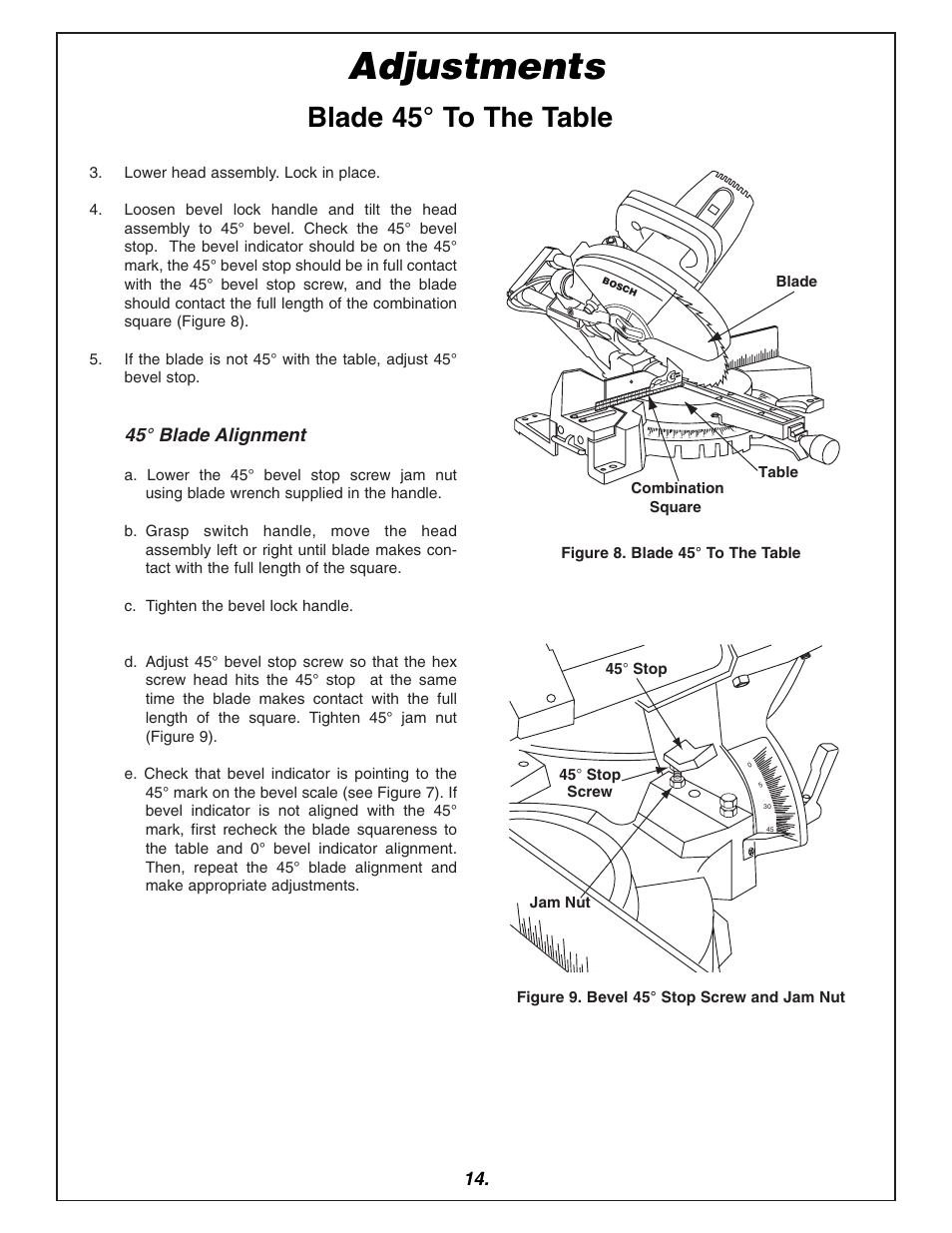 Adjustments, Blade 45° to the table | Bosch 3915 User Manual | Page 14 / 104