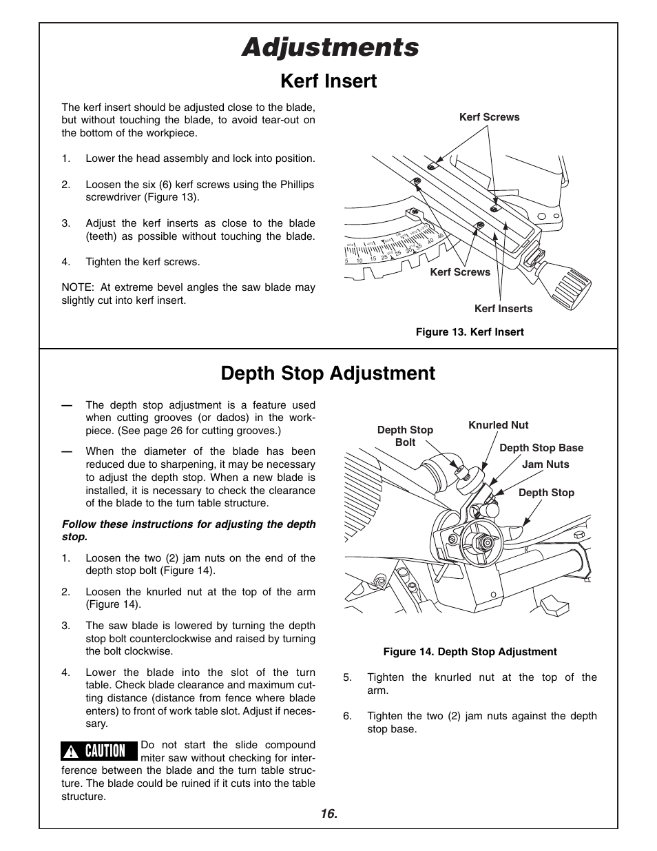Adjustments, Kerf insert, Depth stop adjustment | Caution | Bosch 3915 User Manual | Page 16 / 104