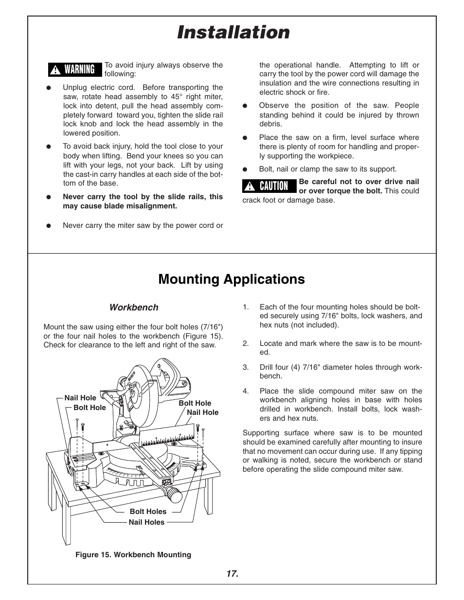 Installation, Mounting applications, Warning | Caution, Workbench | Bosch 3915 User Manual | Page 17 / 104