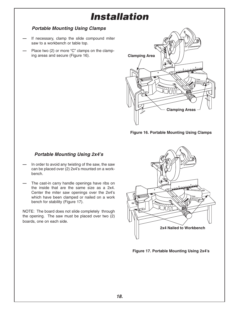 Installation, Portable mounting using clamps, Portable mounting using 2x4’s | 2x4 nailed to workbench, Clamping areas clamping area | Bosch 3915 User Manual | Page 18 / 104