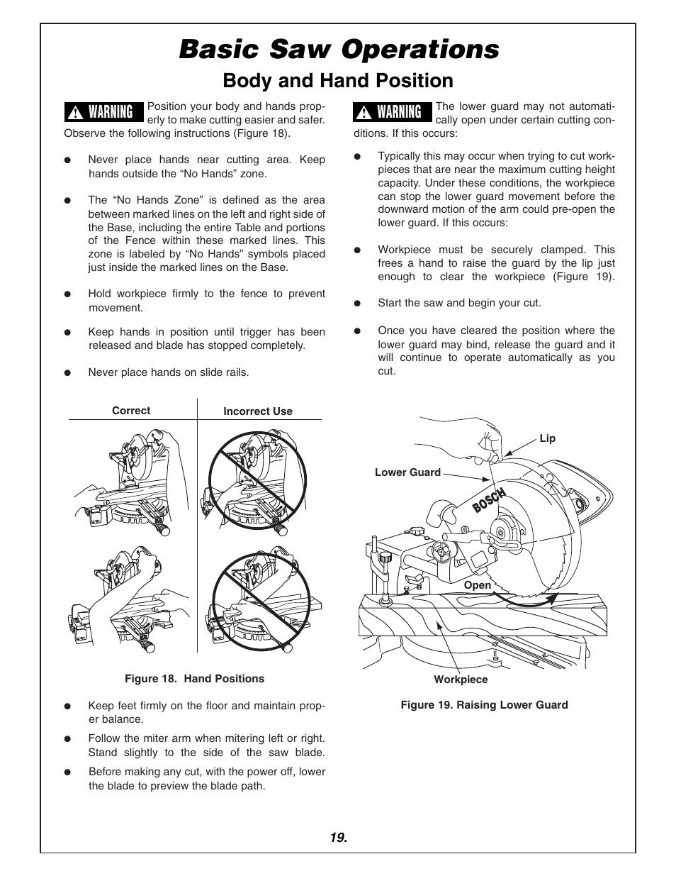 Basic saw operations, Body and hand position, Warning | Bosch | Bosch 3915 User Manual | Page 19 / 104