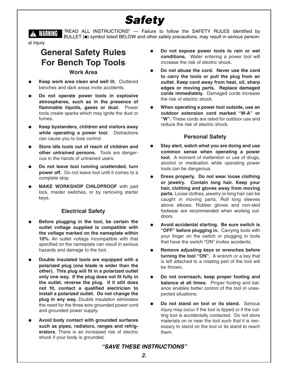 Safety, General safety rules for bench top tools, Warning | Bosch 3915 User Manual | Page 2 / 104
