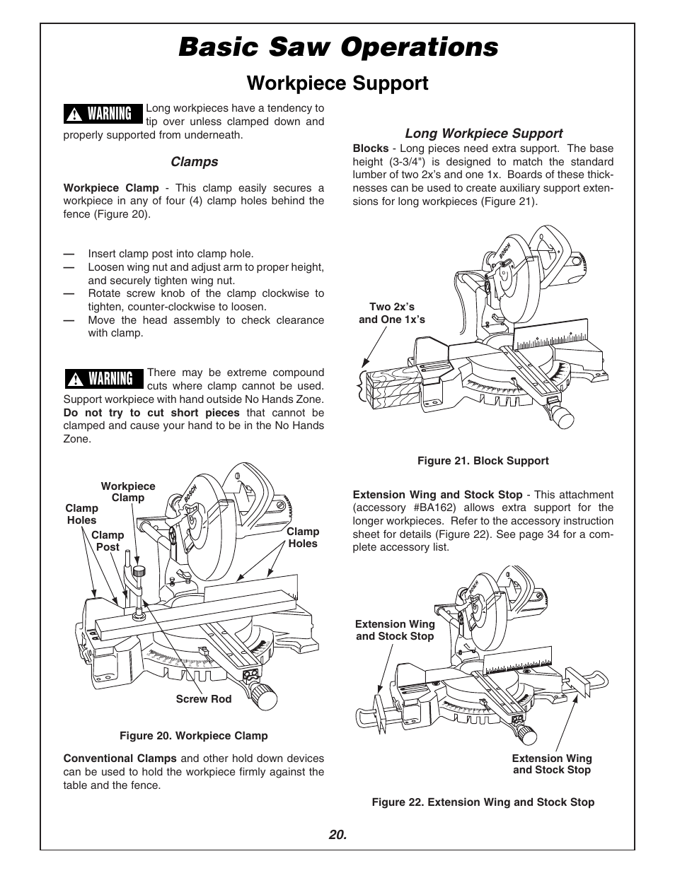 Basic saw operations, Workpiece support, Warning | Clamps, Long workpiece support, Two 2x’s and one 1x’s | Bosch 3915 User Manual | Page 20 / 104