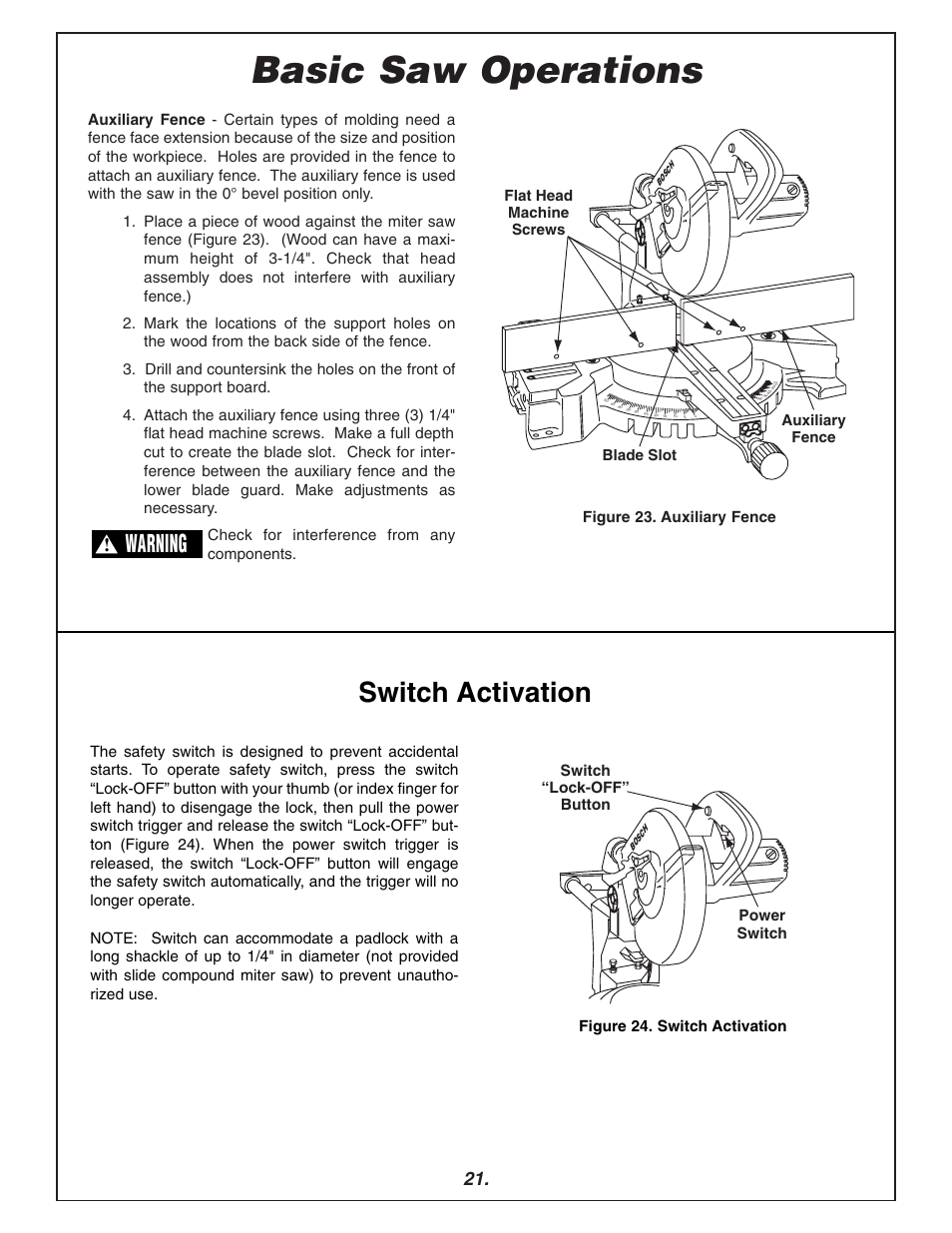 Basic saw operations, Switch activation, Warning | Bosch 3915 User Manual | Page 21 / 104