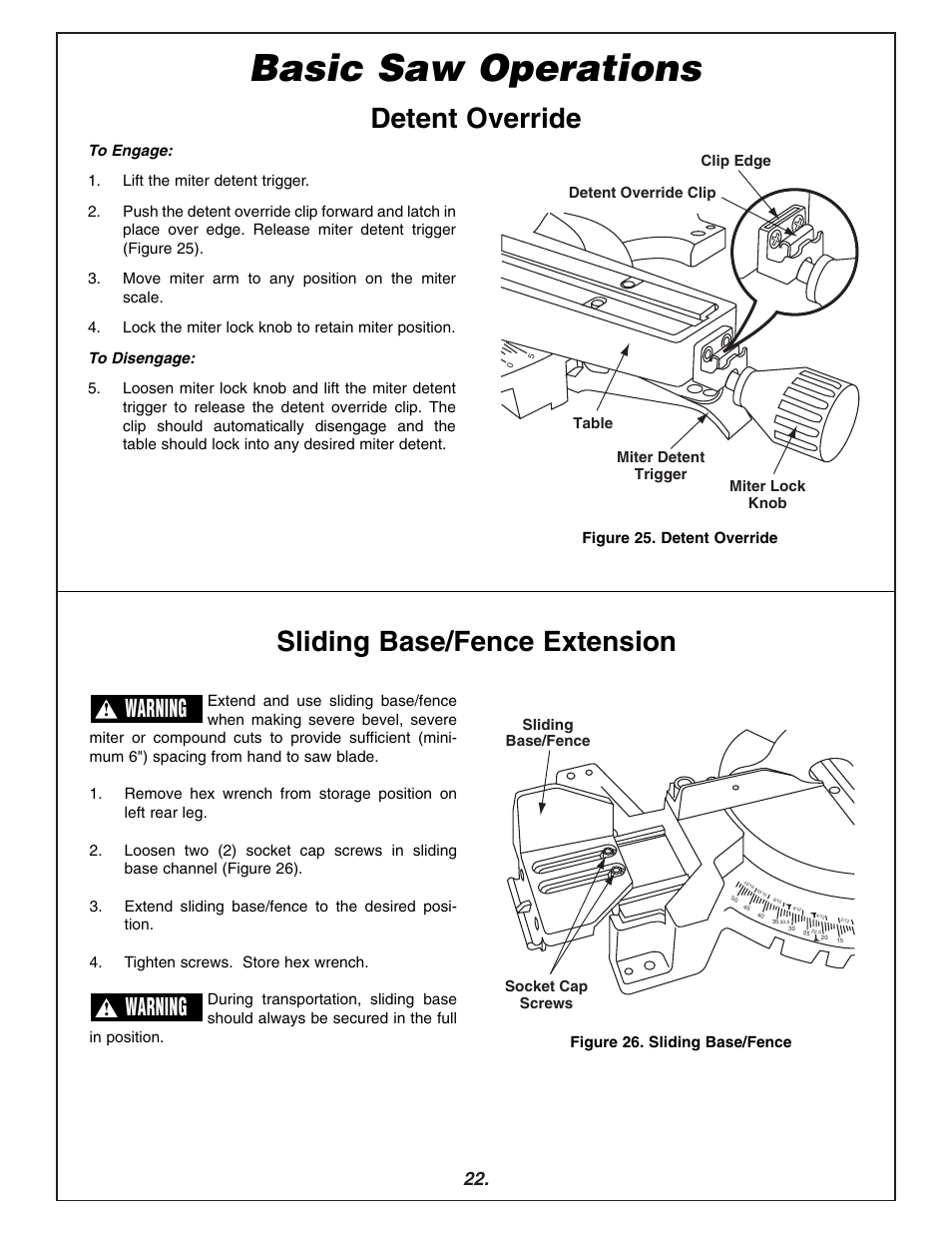 Basic saw operations, Detent override, Sliding base/fence extension | Warning | Bosch 3915 User Manual | Page 22 / 104