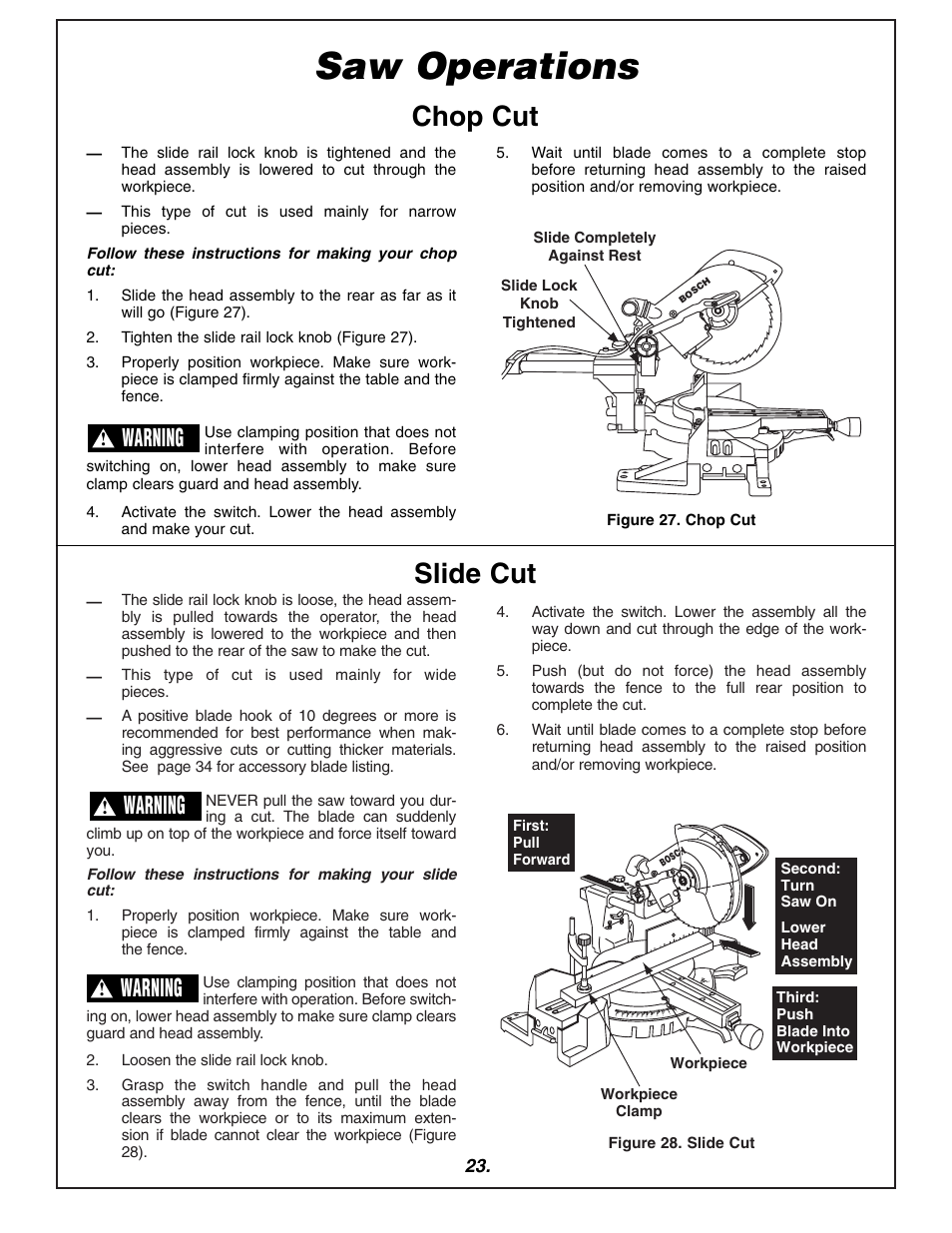 Saw operations, Slide cut, Chop cut | Warning | Bosch 3915 User Manual | Page 23 / 104