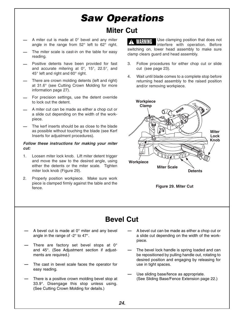 Saw operations, Miter cut bevel cut, Warning | Bosch 3915 User Manual | Page 24 / 104