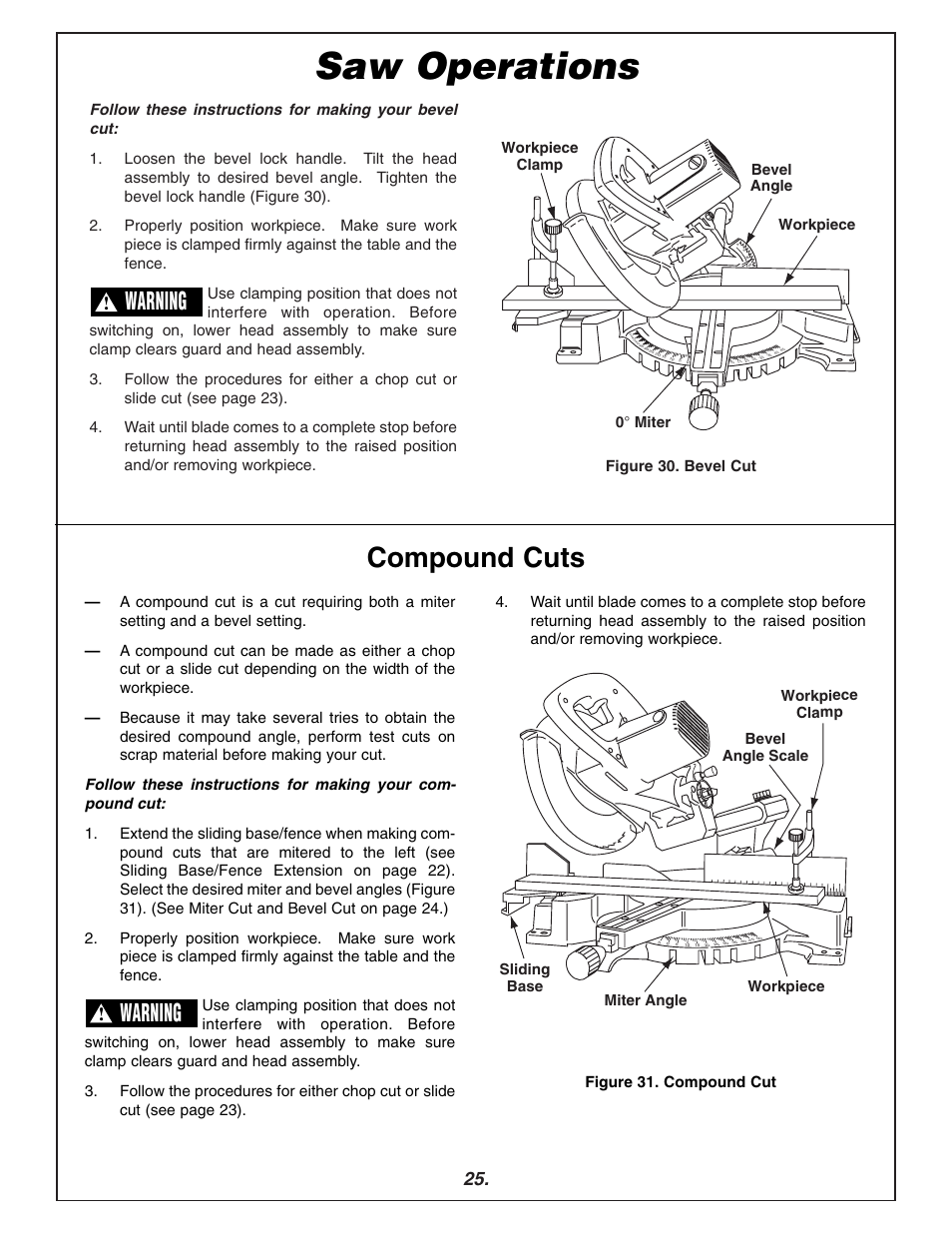 Saw operations, Compound cuts, Warning | 0 ° miter workpiece clamp bevel angle workpiece | Bosch 3915 User Manual | Page 25 / 104