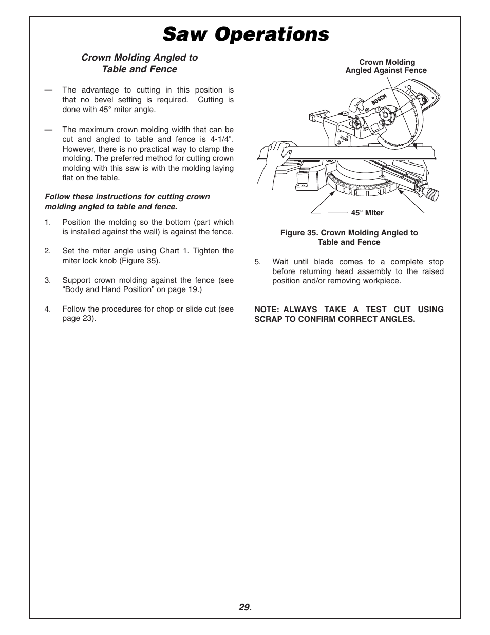 Saw operations, Crown molding angled to table and fence, Crown molding angled against fence | Bosch 3915 User Manual | Page 29 / 104