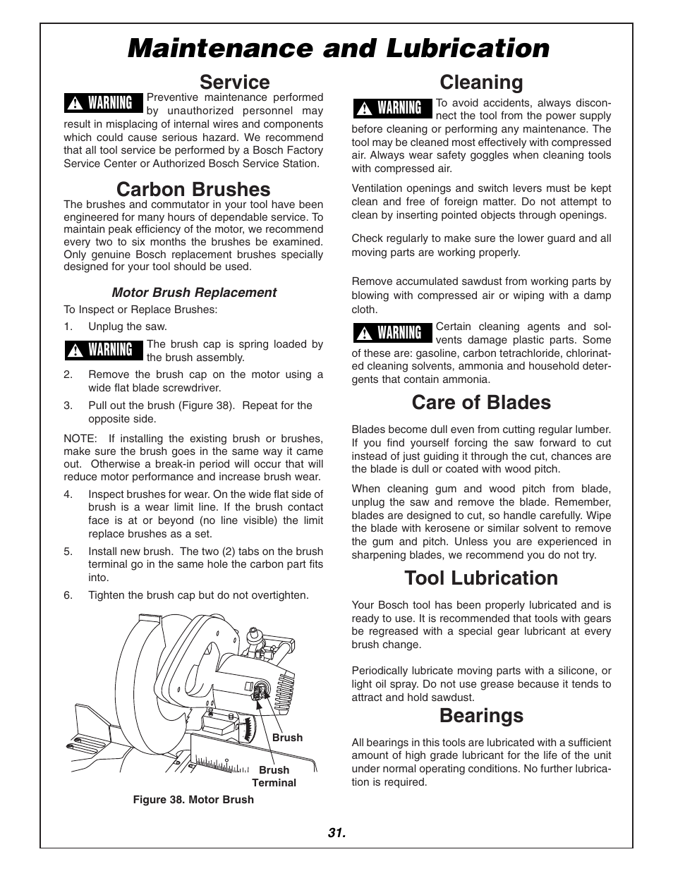 Maintenance and lubrication, Service, Carbon brushes | Cleaning, Care of blades, Tool lubrication, Bearings, Warning | Bosch 3915 User Manual | Page 31 / 104