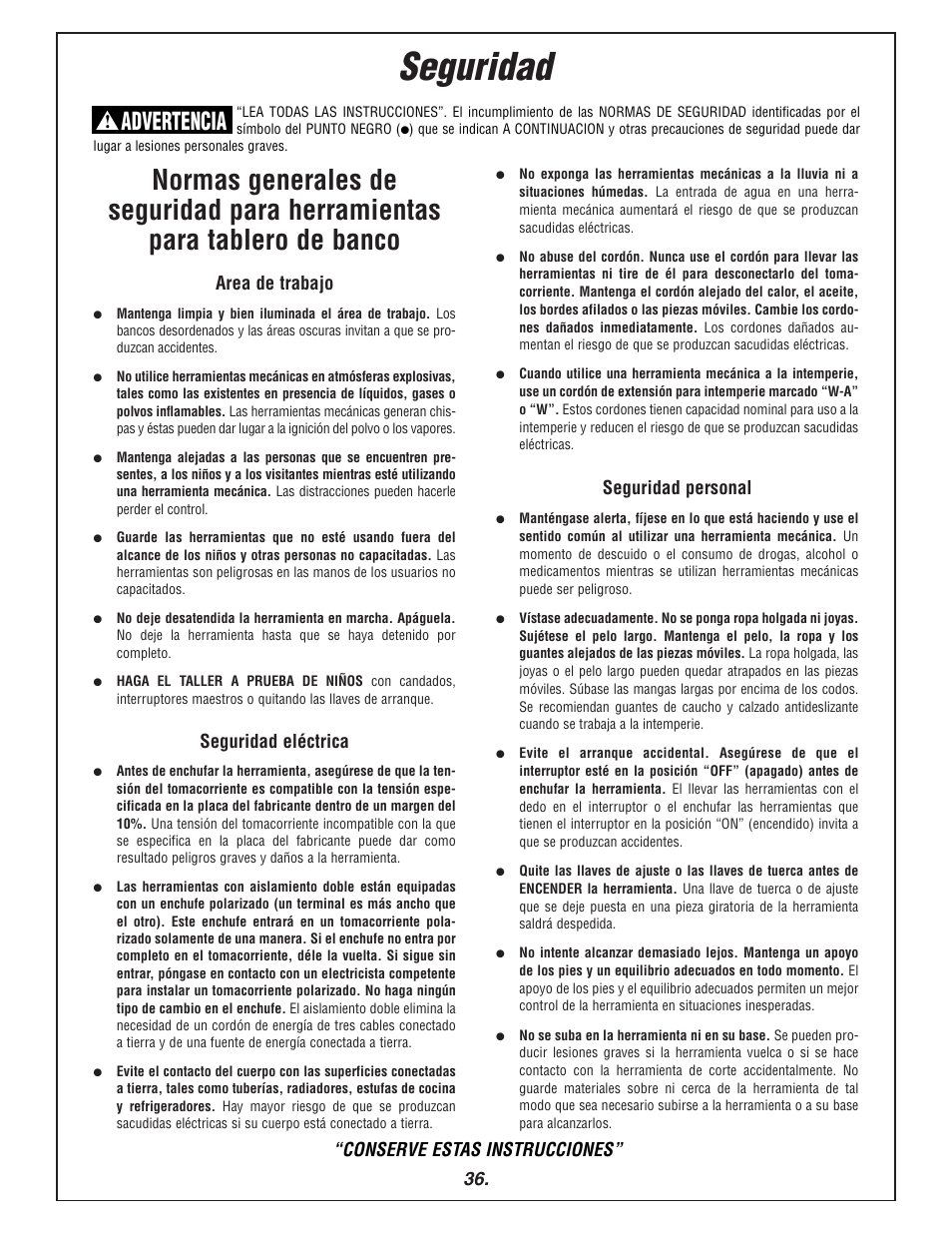 Seguridad, Advertencia, Area de trabajo | Seguridad eléctrica, Seguridad personal, Conserve estas instrucciones | Bosch 3915 User Manual | Page 36 / 104