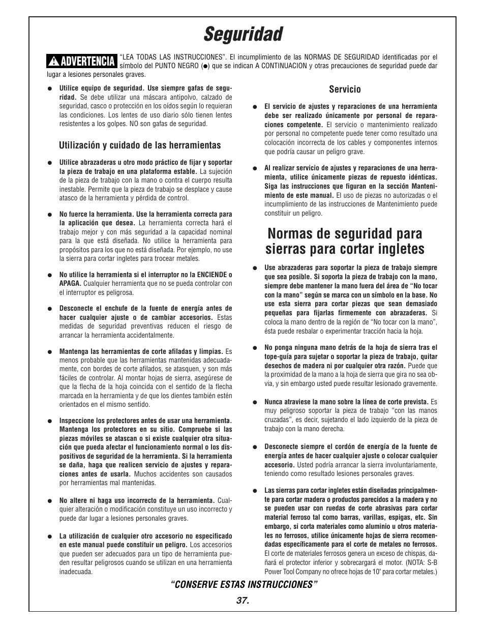 Seguridad, Advertencia, Utilización y cuidado de las herramientas | Servicio, Conserve estas instrucciones | Bosch 3915 User Manual | Page 37 / 104