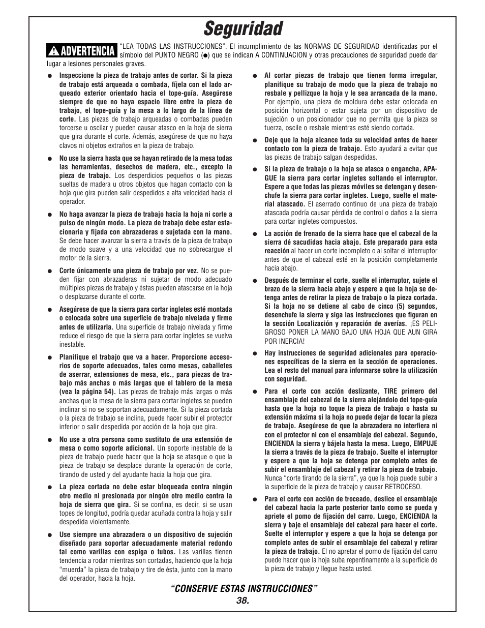 Seguridad, Advertencia, Conserve estas instrucciones | Bosch 3915 User Manual | Page 38 / 104