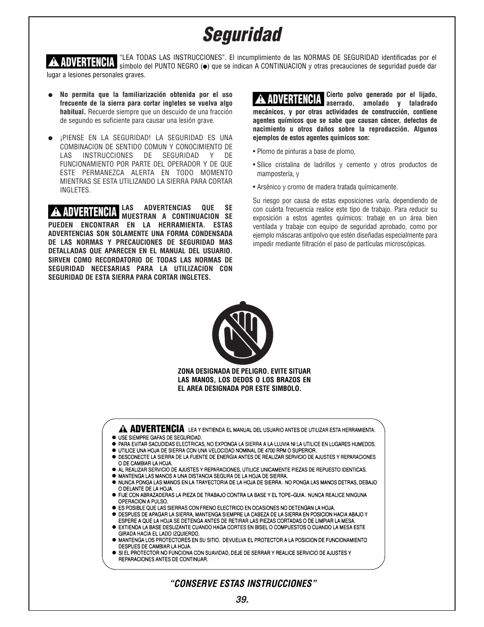 Seguridad, Advertencia | Bosch 3915 User Manual | Page 39 / 104
