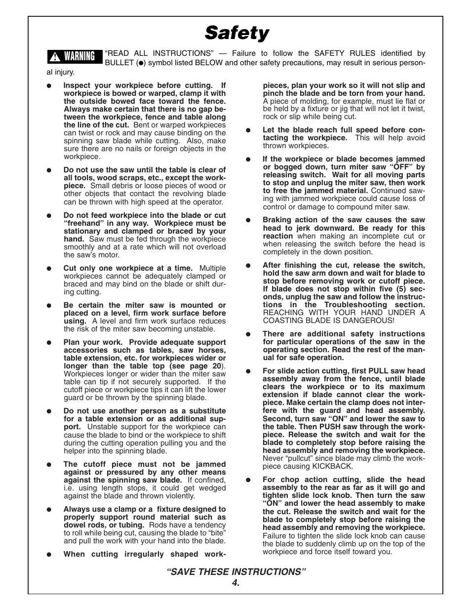 Safety, Warning | Bosch 3915 User Manual | Page 4 / 104