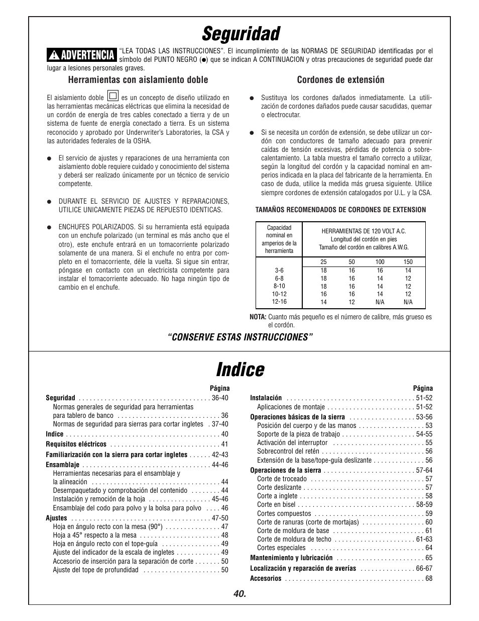 Seguridad, Indice, Advertencia | Herramientas con aislamiento doble, Cordones de extensión, Conserve estas instrucciones | Bosch 3915 User Manual | Page 40 / 104