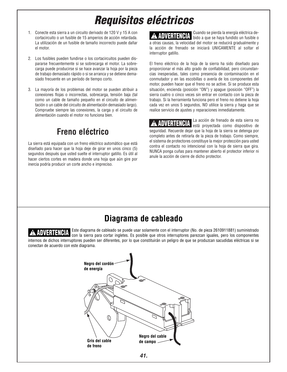 Requisitos eléctricos, Freno eléctrico, Diagrama de cableado | Advertencia | Bosch 3915 User Manual | Page 41 / 104