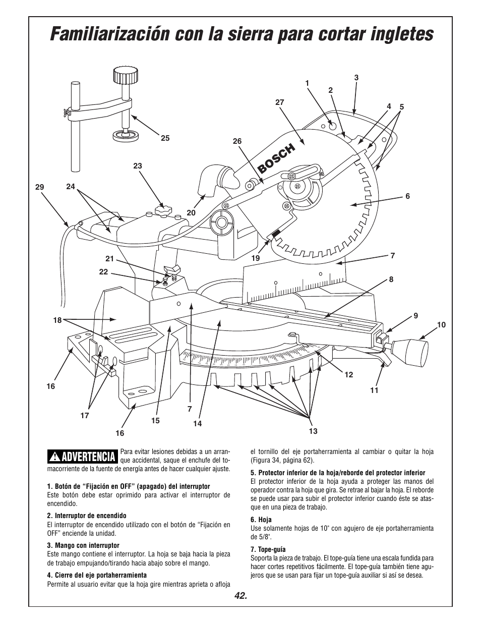 Familiarización con la sierra para cortar ingletes, Advertencia, Bosch | Bosch 3915 User Manual | Page 42 / 104