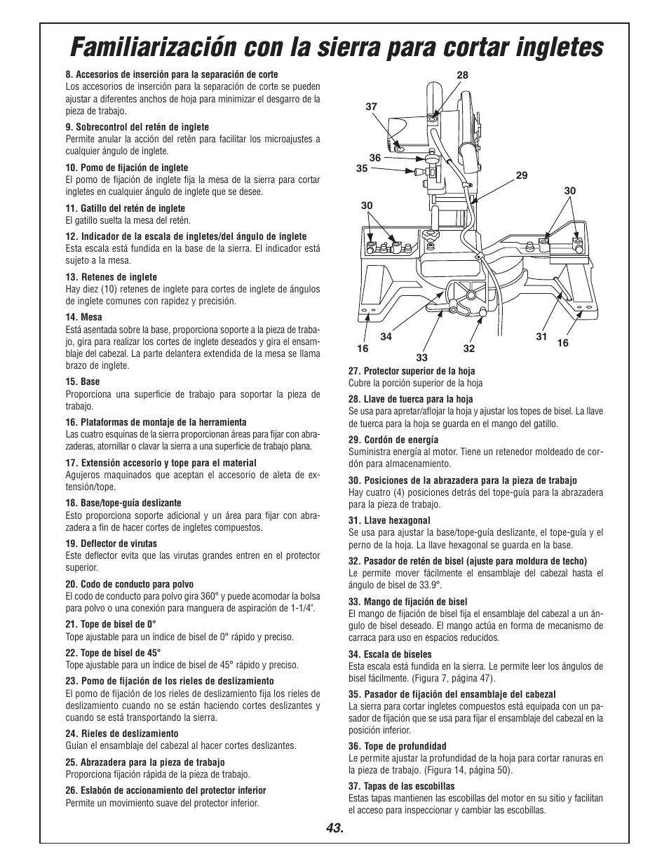 Familiarización con la sierra para cortar ingletes | Bosch 3915 User Manual | Page 43 / 104