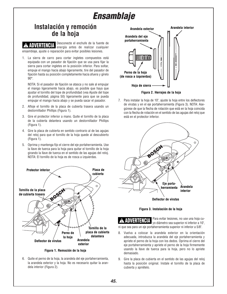 Ensamblaje, Instalación y remoción de la hoja, Advertencia | Bosch | Bosch 3915 User Manual | Page 45 / 104