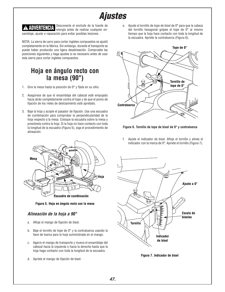 Ajustes, Hoja en ángulo recto con la mesa (90°), Advertencia | Bosch 3915 User Manual | Page 47 / 104