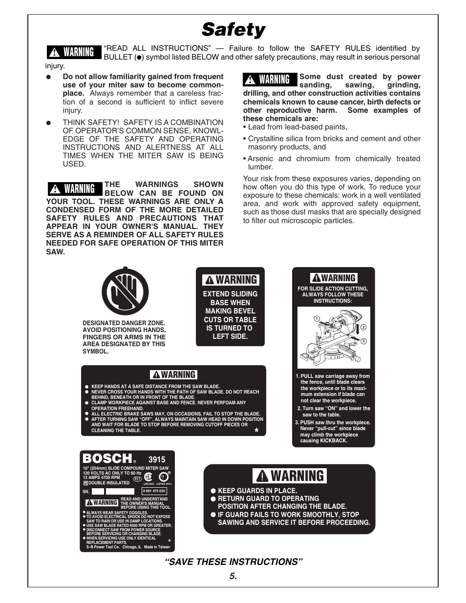 Safety, Warning, Bosch | Save these instructions | Bosch 3915 User Manual | Page 5 / 104