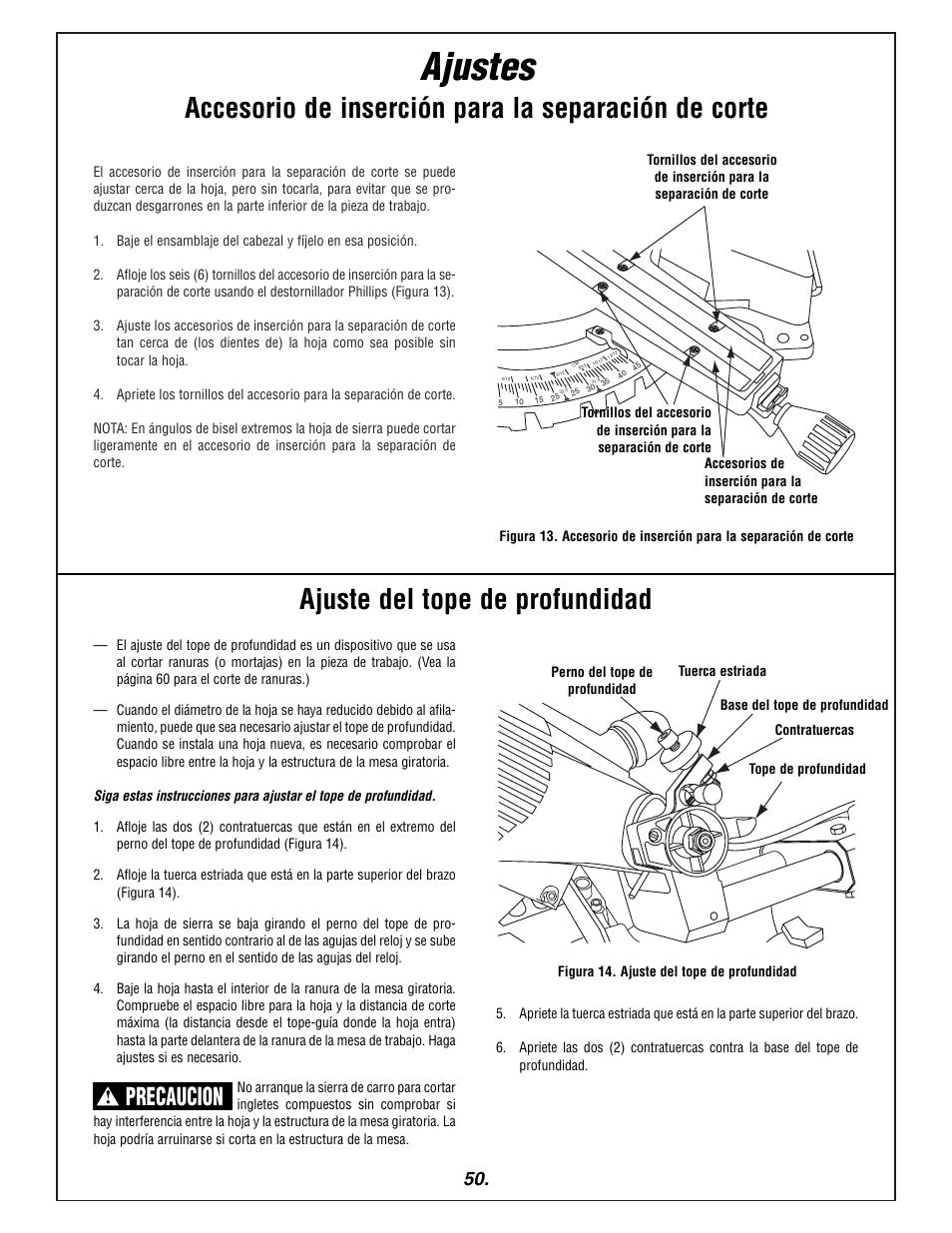 Ajustes, Precaucion | Bosch 3915 User Manual | Page 50 / 104