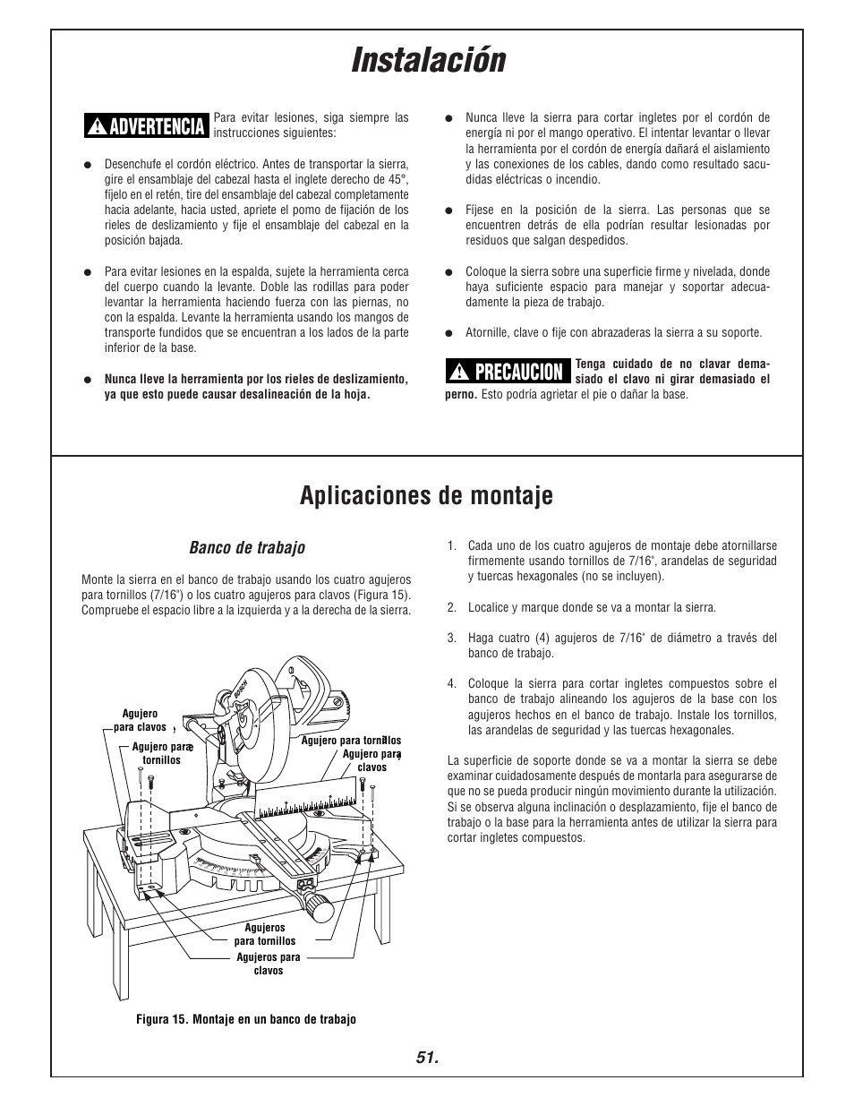 Instalación, Aplicaciones de montaje, Advertencia | Precaucion, Banco de trabajo | Bosch 3915 User Manual | Page 51 / 104