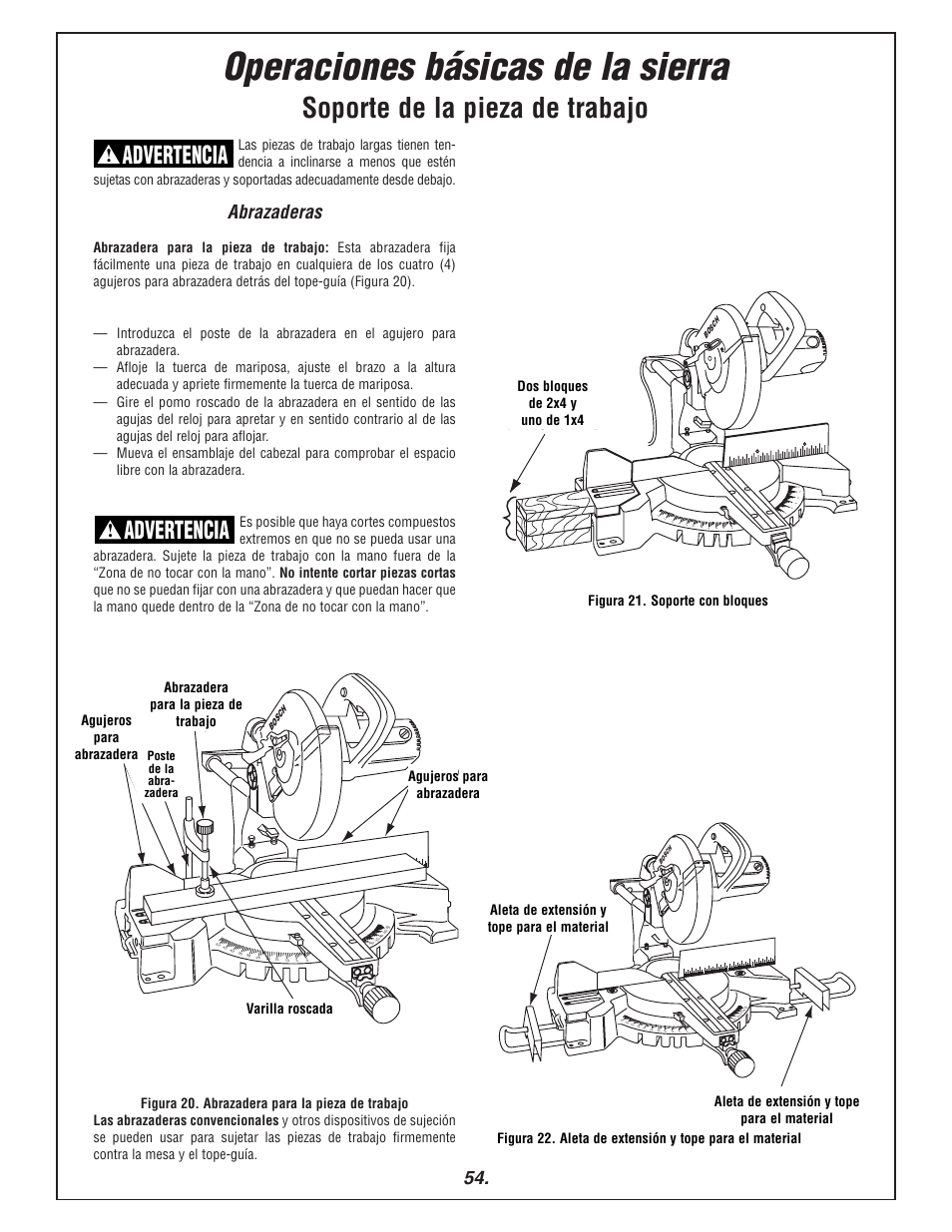 Operaciones básicas de la sierra, Soporte de la pieza de trabajo, Advertencia | Abrazaderas, Extension wing and stock stop, Two 2x’s and one 1x’s | Bosch 3915 User Manual | Page 54 / 104