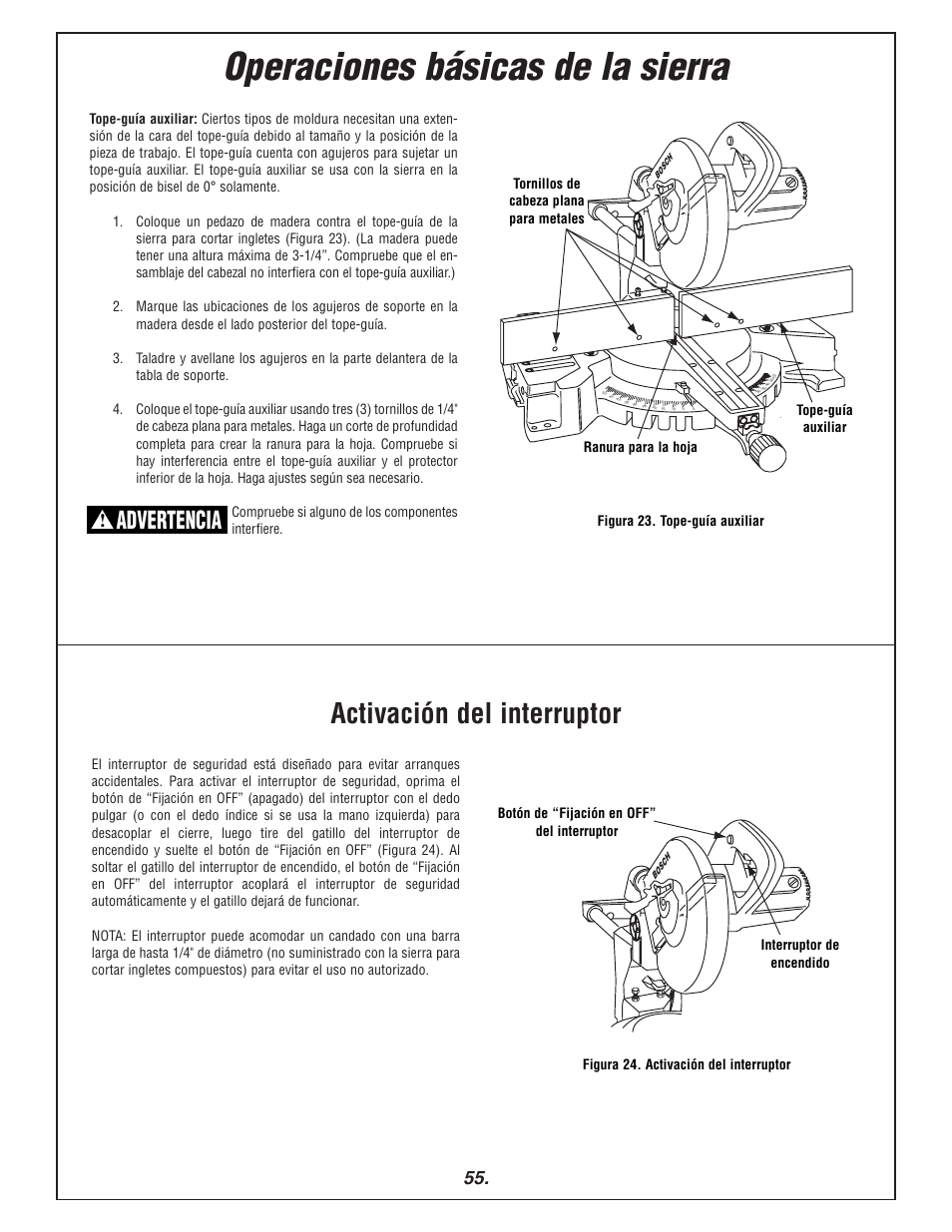 Operaciones básicas de la sierra, Activación del interruptor, Advertencia | Bosch 3915 User Manual | Page 55 / 104