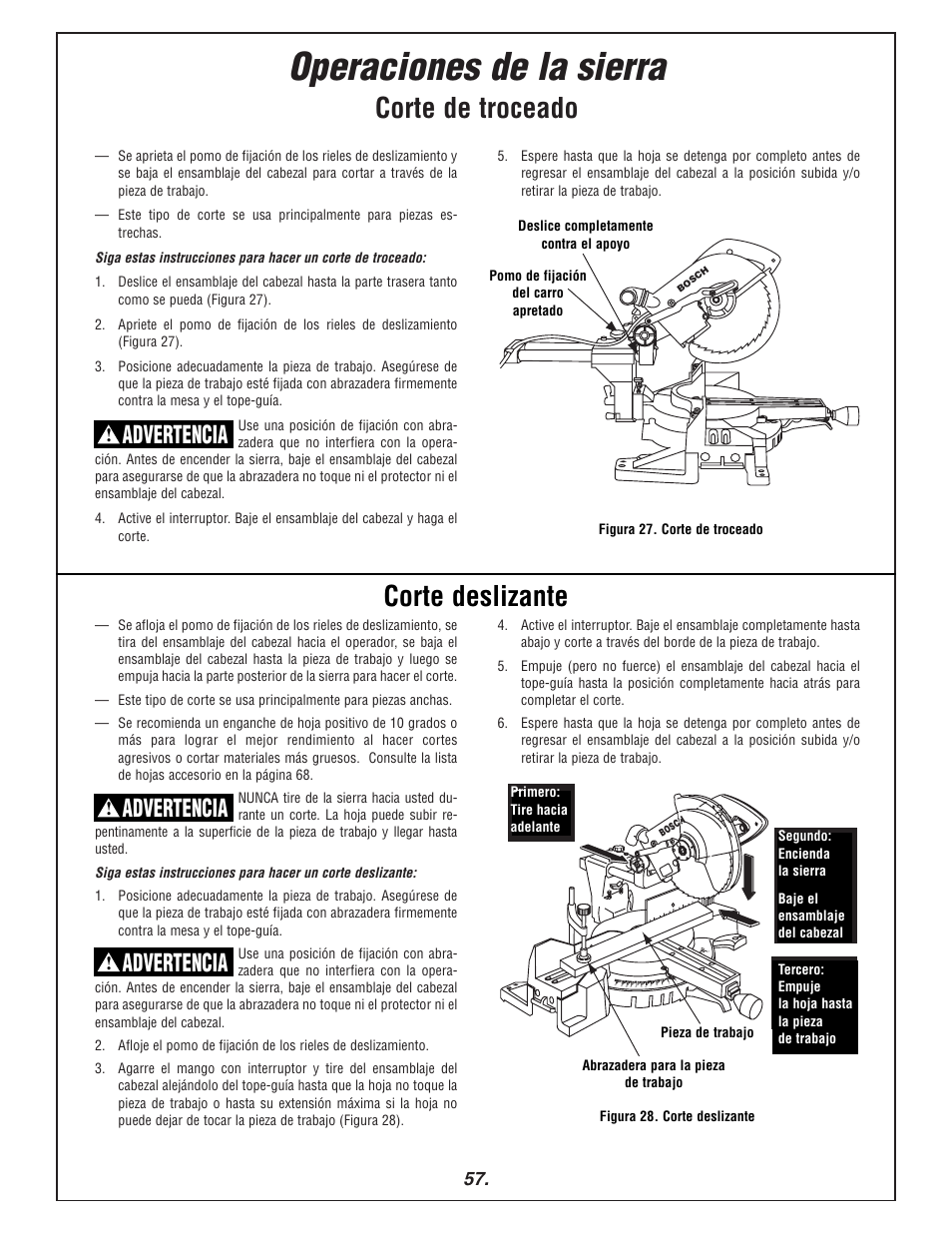 Operaciones de la sierra, Corte de troceado, Corte deslizante | Advertencia | Bosch 3915 User Manual | Page 57 / 104