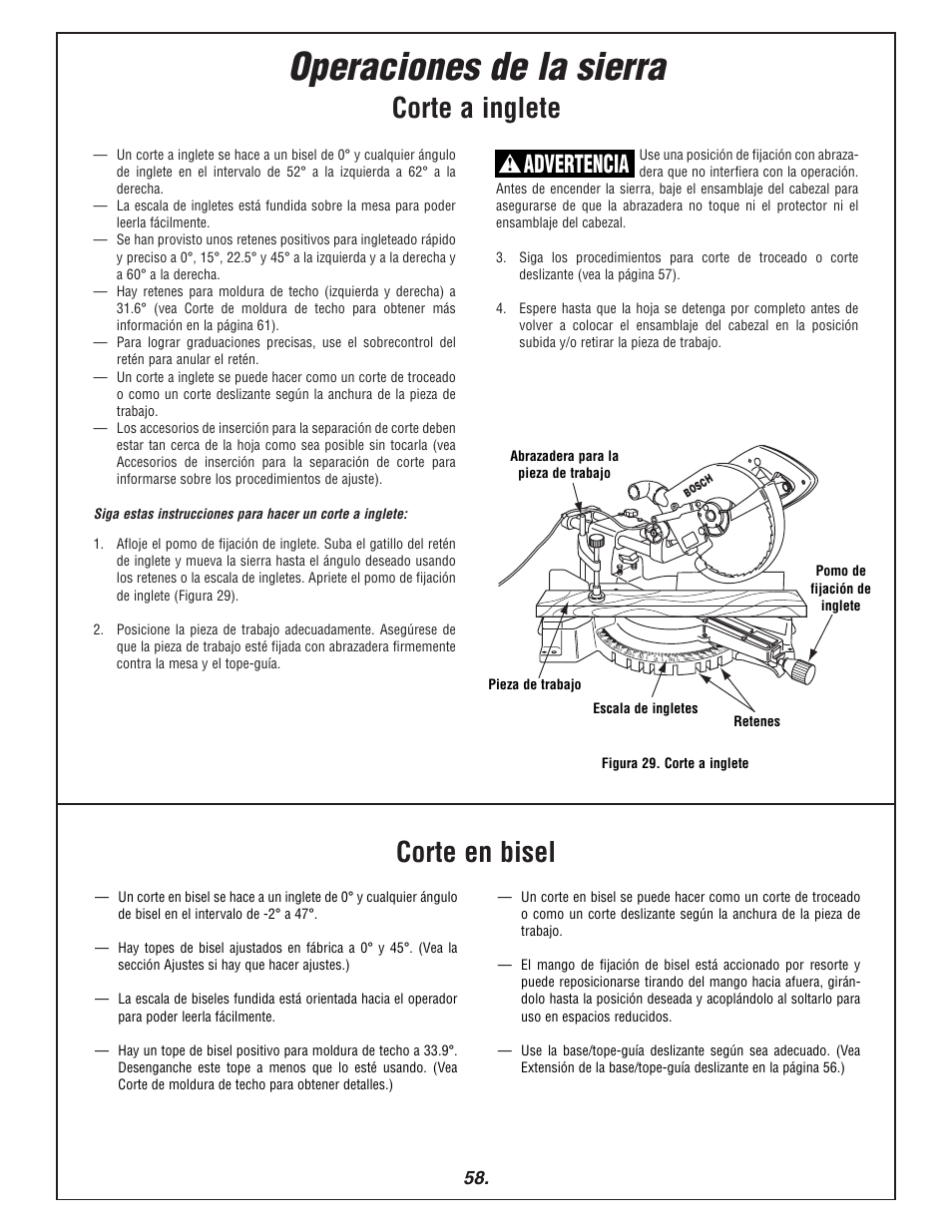 Operaciones de la sierra, Corte a inglete corte en bisel, Advertencia | Miter lock knob detents miter scale, Workpiece clamp workpiece | Bosch 3915 User Manual | Page 58 / 104